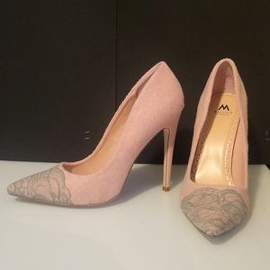 Madison by Shoedazzle Pink Heels with grey lace toe
